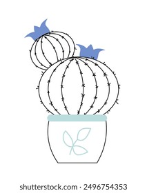 Cactus in flowerpot. Tropical and exotic plant and flower. Botany and gardening, horticulture. Graphic element for website. Linear vector illustration isolated on white background