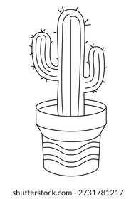 Um cacto em um vaso de flores é uma imagem lineart vetorial para um livro de colorir. Contorno. Planta doméstica Cactus.