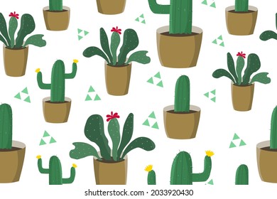Cactus with flowers cute seamless pattern hand drawn on white background with a triangular shape, used for designing various patterns