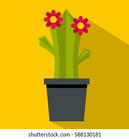 Cactus with flowers icon. Flat illustration of cactus with flowers vector icon for web isolated on yellow background