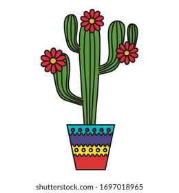 Cactus with flowers inside pot design, Plant desert nature tropical summer mexico and western theme Vector illustration