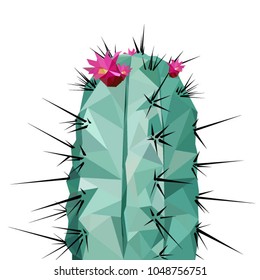 Cactus with flowers in low poly style. Vector icon.