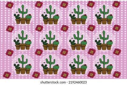 Cactus and flowers pattern on pink background with polka dots