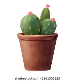 Cactus with Flowers in a Plant Pot Isolated Detailed Hand Drawn Painting Illustration