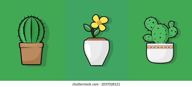 Cactus and flowers planted in pots vector icon illustration in cartoon flat style. Cactus house plant in pot and with flowers. Various cacti and ornamental flowers.