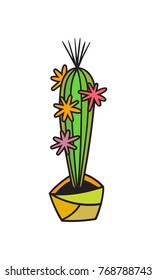 Cactus with flowers in pot. Colored funny cute cactus with black contour. Mexican plant. Design element for banner, postcard, greeting card, t-shirt. Vector illustration.