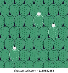Cactus with flowers seamless vector hand drawn pattern in doodles style. Endless print for fabric, paper, scrapbook, wallpaper, background