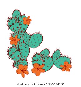 Cactus with flowers sketch, green burgundy brown orange on white background. simple ornament, Can be used for card banner template. Vector
