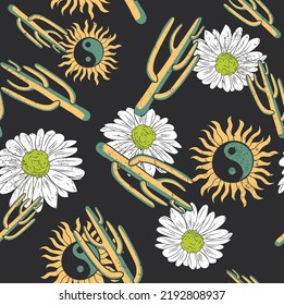 Cactus Flowers in sunset pattern, Cactus seamless pattern. Sketchy style illustration. Succulent collection. Vector illustration, Trendy landscape pattern with plants. 