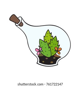 Cactus with flowers in terrarium. Colored funny cute cactus with black contour. Mexican plant. Design element for banner, postcard, greeting card, t-shirt. Vector illustration.