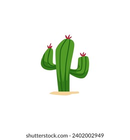 Cactus with flowers and thorns cartoon icon. Desert green plant growing in sand. Vector illustration of succulent flower. Botanical exotic cacti with spikes isolated on white background