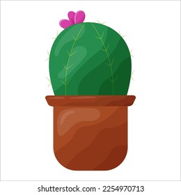 Cactus in the form of a ball with thorns and a flower in a cartoon style for the design of stickers, postcards, websites	
