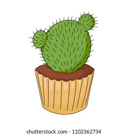 Cactus in the form of cupcake on white background. Funny dessert. Hand drawing. Succulent in cartoon style. Vector illustration. Cactus isolated.
