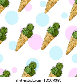 Cactus in the form of ice cream balls in the horn. Seamless pattern of cactus on white background. Funny dessert on a background of pink and green circles. Hand drawing in cartoon. Vector illustration