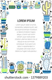 Cactus frame with doodle illustrations. Place for your text 