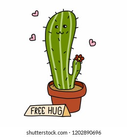 Cactus free hug cartoon vector illustration doodle style