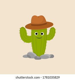 Cactus. Funny cartoon cactus with smiling face in hat. Cute character vector illustration. Flat style