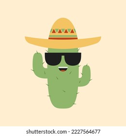 Cactus. Funny cartoon cactus with smiling face in glasses and sombrero isolated on background. Cute character vector illustration. Flat style