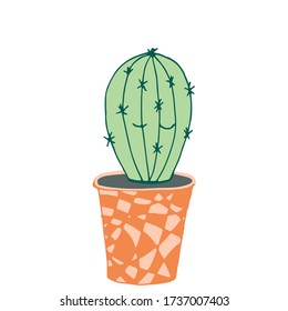Cactus with funny kawaii face in a cute handmade pot on a white isolated background. Vector illustration