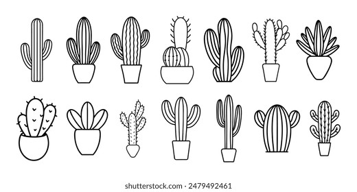 Cactus Garden Line Art Pattern Featuring Various Types of Cacti