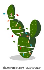 Cactus in garland. Christmas succulent in funny cartoon style