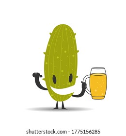 Cactus with a glass of beer for stickers, banners, logos, stickers and theme design. Simple vector illustration isolated on a white background