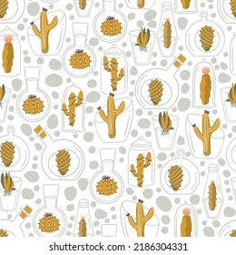 Cactus in Glass Jars Vector Seamless Pattern