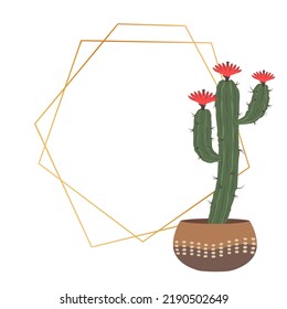 Cactus y marco geométrico dorado en estilo escandi. Borde de polígono para invitación o tarjeta de saludo con planta espinosa y floreciente. Plantilla escandinava con vector de forma de olla y pentágono suculento