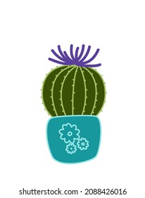 Cactus bola de oro en flor. Planta de flores en macetas de jardín al estilo de las caricaturas. Cactús. Ilustración aislada del material vectorial EPS 10 en fondo blanco 