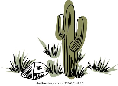 cactus with grass and stone in desert sands vector isolated