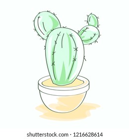 Cactus green from the desert. Flower for print cute botanic sticker. Tropical cute plant in pot. Watercolor style. Vector doodle illustration with scrapbook element