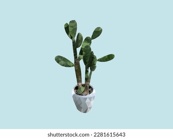 Cactus green with pot low poly on isolated blue background