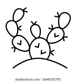 Cactus in ground thin line icon, desert flora concept. Vector graphics. Desert sand with cactus plant sign on white background, style mobile or design