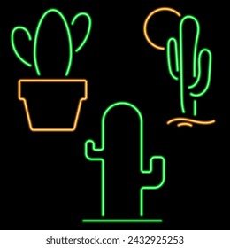 cactus group of neon icons, vector illustration, on black background.