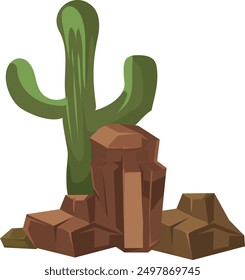 Cactus grow in rock desert. Cartoon succulent plant