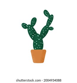 Cactus growing in ceramic pot. Indoor green cacti. Spiny houseplant. Interior house plant in flowerpot. Colored flat textured vector illustration isolated on white background.