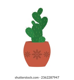 Cactus growing in clay pot flat vector illustration