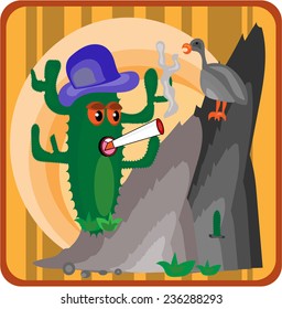 Cactus growing on a cliff with a blue hat