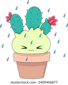 cactus growing in a pot, looking scared because it got rained on, cartoon flat illustration