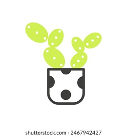 Cactus growing in pot with polka dot pattern, black and green line icon vector illustration