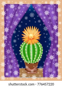 The cactus grows in the house on the windowsill. The plant is exotic, with a beautiful flower. And outside the window in the street is winter, beautiful snowflakes are flying. Vector illustration.