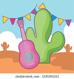 cactus with guitar and desert in the background vector illustration design