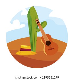 cactus and guitar straw hat in desert