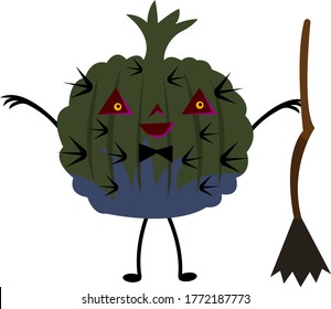 Cactus for Halloween cartoon witch character with cut out triangular eyes and a broom in hand concept of autumn holiday object on a white background