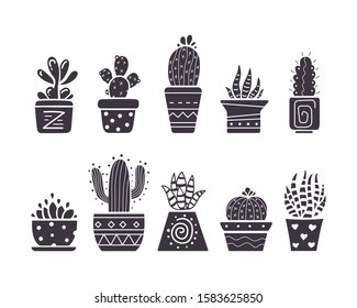Cactus hand draw icons in cartoon style on white background. Home plants cacti and succulent set.