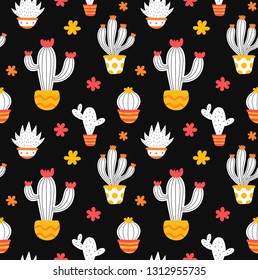 Cactus hand drawing style beauty seamless pattern. Vector illustration color seamless pattern in black background. Cactus,succulent in a pot concept