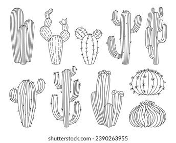 Cactus hand drawn exotic doodle set. Trendy cartoon linear succulent plants collection isolated. Scrapbook botanical contour tattoo desert cacti. Mexico western line vector jungle graphic illustration