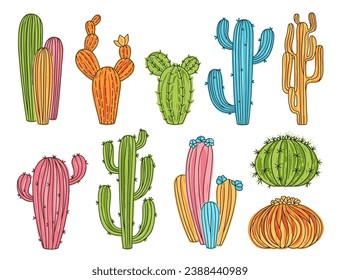 Cactus hand drawn exotic grungy set. Trendy cartoon textured succulent plants collection isolated. Scrapbook botanical dirty paint desert cacti. Vintage linear graphic vector illustration