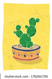 Cactus in hand drawn flower pot. Home wall decor in scandinavian style. Poster for living room. Vector illustration.