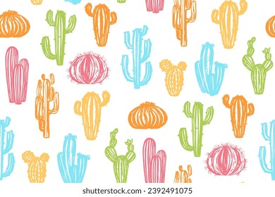 Cactus hand drawn grungy seamless pattern. Trendy cartoon textured succulent plants repeat ornament. Scrapbook botanical paint desert cacti endless decor. Exotic western wallpaper vector illustration